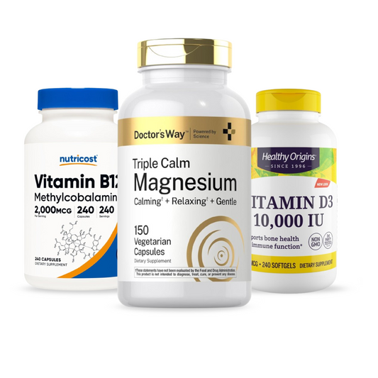 Combo Doctor's Way Magnésio Triplo 150 Cápsulas + Nutricost B12 Metilada 1000 mcg 240 Cápsulas + Healthy Origins D3 10.000 UI 240 Softgels