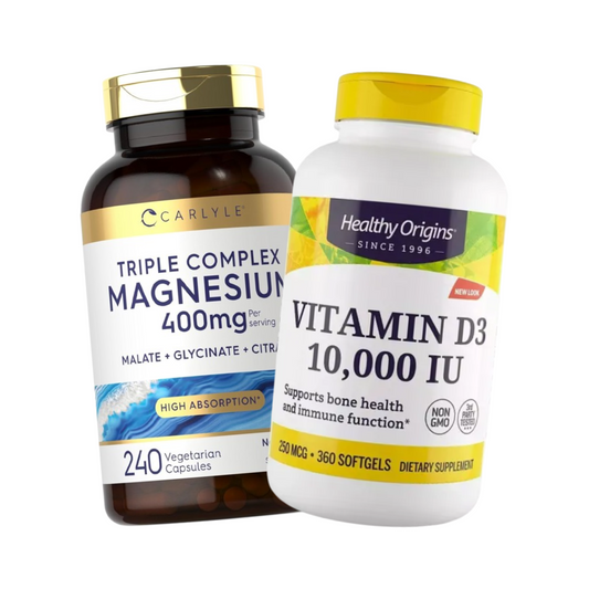 Combo Carlyle Complexo de Magnésio Triplo 400 mg por 2 Cápsulas, 240 Cápsulas + Healthy Origins Vitamina D3 10.000 UI, 360 Softgels