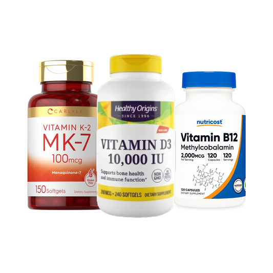 Combo Healthy Origins D3 10.000 UI 240 Softgels + Carlyle K2 MK-7 100mcg 150 Cápsulas + Nutricost B12 1000mcg 120 Cápsulas
