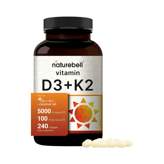 NatureBell Vitamina D3 5000 UI com K2 MK7 100 mcg com Óleo de Coco Virgem 240 Cápsulas Gelatinosas