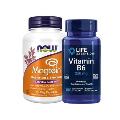 Combo NOW Foods Magtein Magnésio L-Treonato, 90 Cápsulas Vegetais + Life Extension Vitamina B6 250 mg, Alta Potência, 100 Cápsulas Vegetarianas