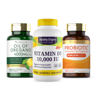 Combo Carlyle Probiótico 50 Bilhões UFC, 60 cápsulas + Óleo de Orégano 4000mg, 150 softgels, + Healthy Origins Vitamina D3 1000 UI, 240 softgels