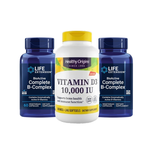 Combo Vitamina D3 Healthy Origins 10.000 UI 240 Softgels + 2 Life Extension Complexo B, 60 Cápsulas