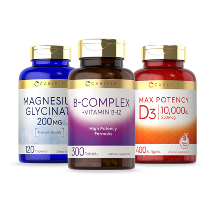 Combo Carlyle Vitamina D3 10.000 UI, 400 Softgels + Carlyle Magnésio Glicinato 200mg, 120 Cápsulas + Carlyle Complexo B com B12, 300 Comprimidos