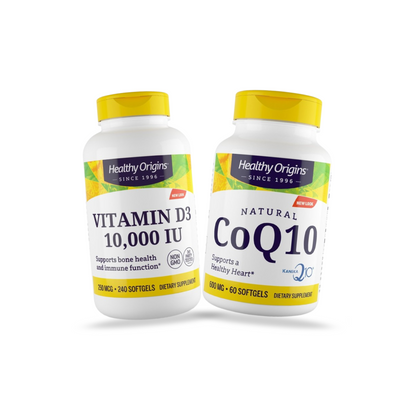 Combo Healthy Origins CoQ10 100mg (Kaneka Q10), 60 Softgels + Vitamina D3 1000UI, 240 Softgels