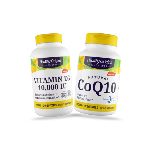 Combo Healthy Origins CoQ10 100mg (Kaneka Q10), 60 Softgels + Vitamina D3 1000UI, 240 Softgels