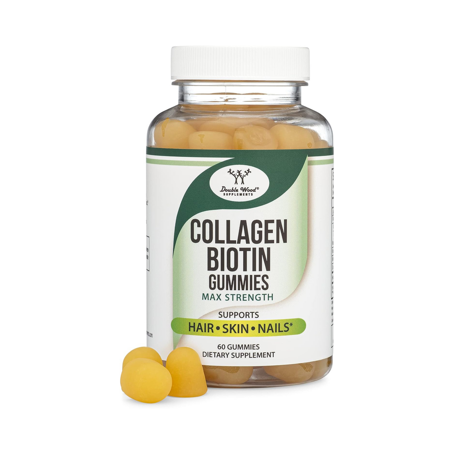 Double Wood Gomas de Colágeno Enriquecidas com Biotina, Vitamina C, Zinco e Vitamina E, 60 Gomas