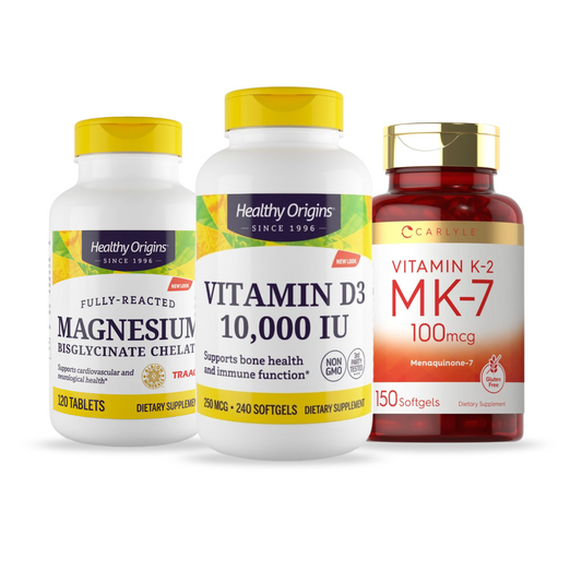 Combo Healthy Origins Vitamina D3 10.000 UI, 240 Softgels + Carlyle Vitamina K2 MK7, 100 mcg, 150 Softgels + Healthy Origins Magnésio Quelato, 120 Cápsulas