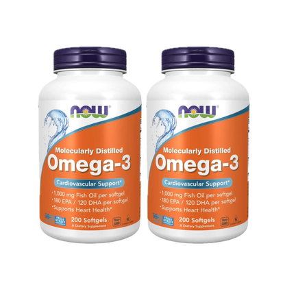 Combo 2x NOW Foods Ômega-3 1000 mg com 180 mg EPA e 120 mg DHA, 200 Cápsulas Softgel