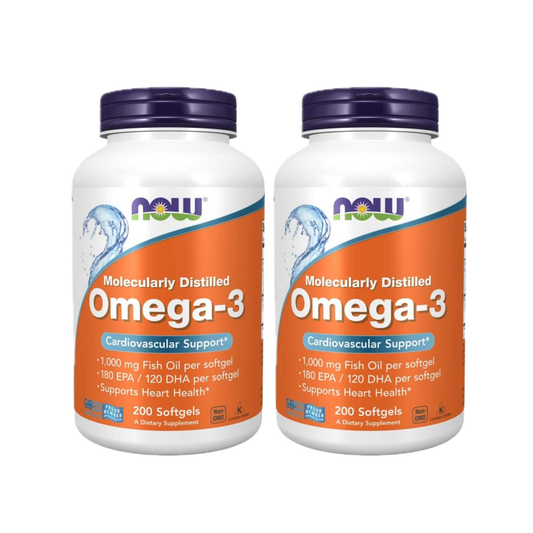Combo 2x NOW Foods Ômega-3 1000 mg com 180 mg EPA e 120 mg DHA, 200 Cápsulas Softgel