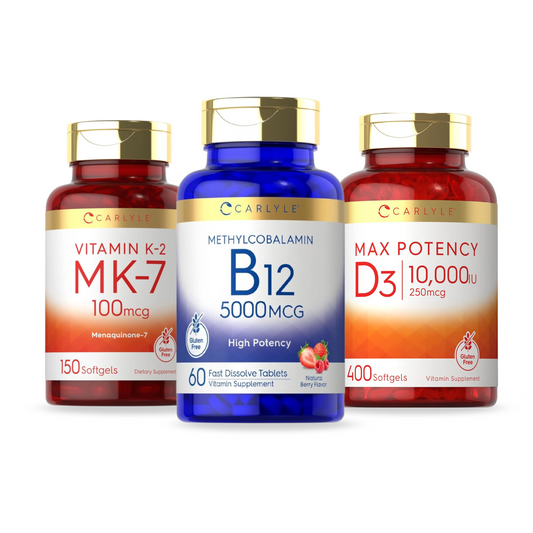 Combo Vitamina D3 10.000 UI, 240 cápsulas + Vitamina B12 5000 mcg, 60 comprimidos + Vitamina K2 MK7 100 mcg, 150 cápsulas