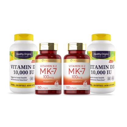 Combo 2 Healthy Origins Vitamina D3 10.000 UI, 360 Softgels + 2 Carlyle Vitamina K2 MK7 100 mcg, 150 Softgels