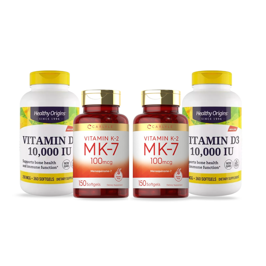 Combo 2 Healthy Origins Vitamina D3 10.000 UI, 360 Softgels + 2 Carlyle Vitamina K2 MK7 100 mcg, 150 Softgels