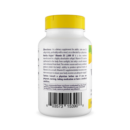 Healthy Origins Vitamina D3 (Com óleo MCT), 2000 UI, 120 Cápsulas Softgel