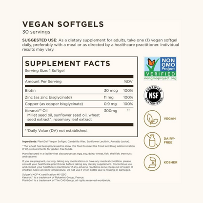Solgar Hair Growth, Nutrição Antienvelhecimento para Crescimento Capilar, Keranat Oil, Biotina, Zinco e Cobre, 30 Cápsulas Veganas