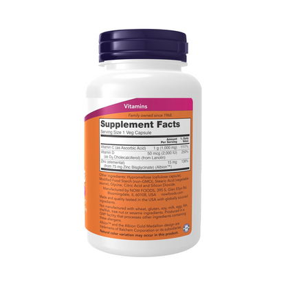 Now Foods C-1000 com Zinco e Vitamina D3, 100 Cápsulas Vegetais