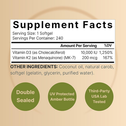 NatureBell Vitamina D3 10.000 UI + K2 MK-7 200 mcg com Óleo de Coco, 240 Cápsulas