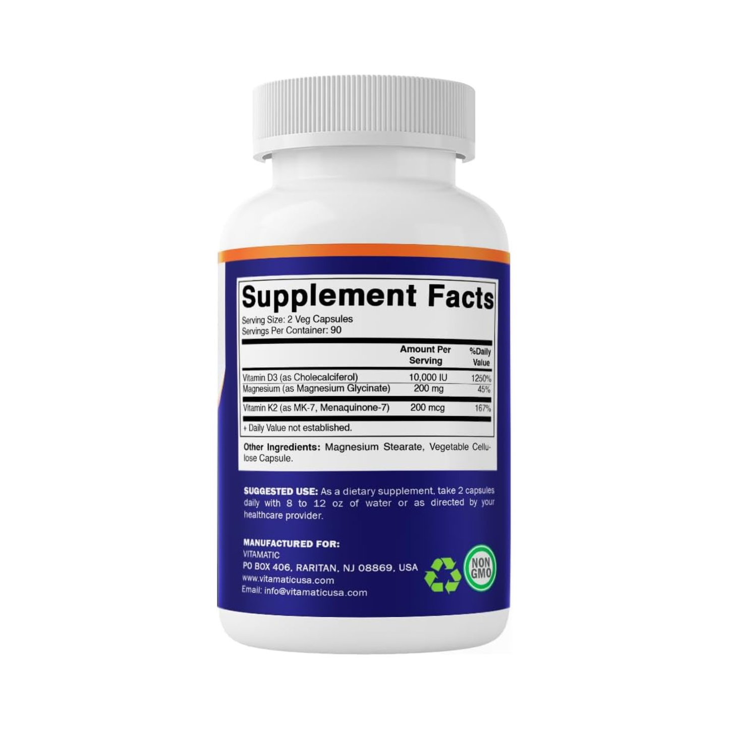 Vitamatic Glicinato de Magnésio Vitamatic 200 mg com Vitamina D3 5000 UI e K2 200 mcg, Suporte Ósseo e Muscular, 180 Cápsulas Vegetais