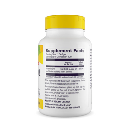 Healthy Origins Vitamina D3 (Com óleo MCT), 2000 UI, 120 Cápsulas Softgel