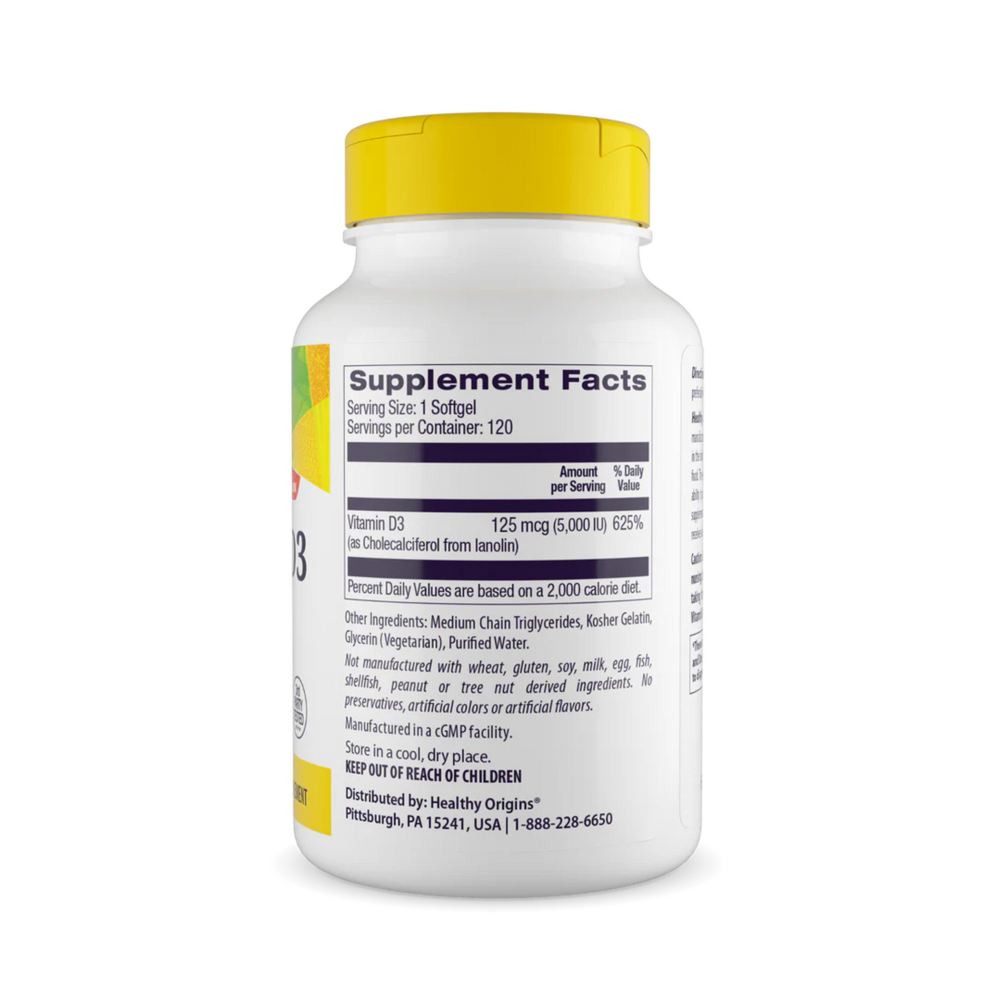 Healthy Origins Vitamina D3 (Com óleo MCT) 5000 UI 120 Cápsulas Softgel