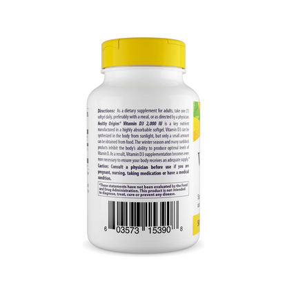 Healthy Origins Vitamina D3 2000 UI, 120 Cápsulas Softgel