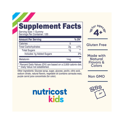 Nutricost Kids, Gomas de Melatonina, Sabor Morango, 1 MG, 120 Gomas Mastigáveis