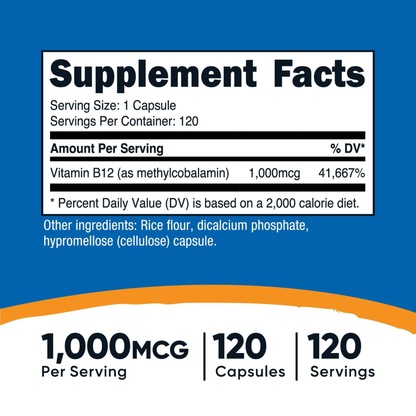 Combo 2x Nutricost Vitamina B12 (Metilcobalamina) 1000 mcg, 120 Cápsulas
