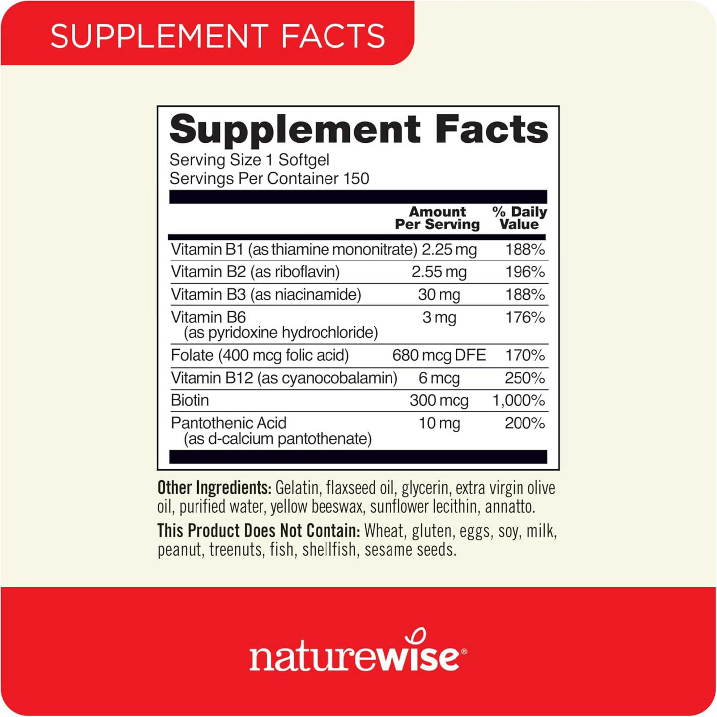 NatureWise Complexo de Vitamina B, com Ácido Fólico, Biotina, 150 Cápsulas Gelatinosas