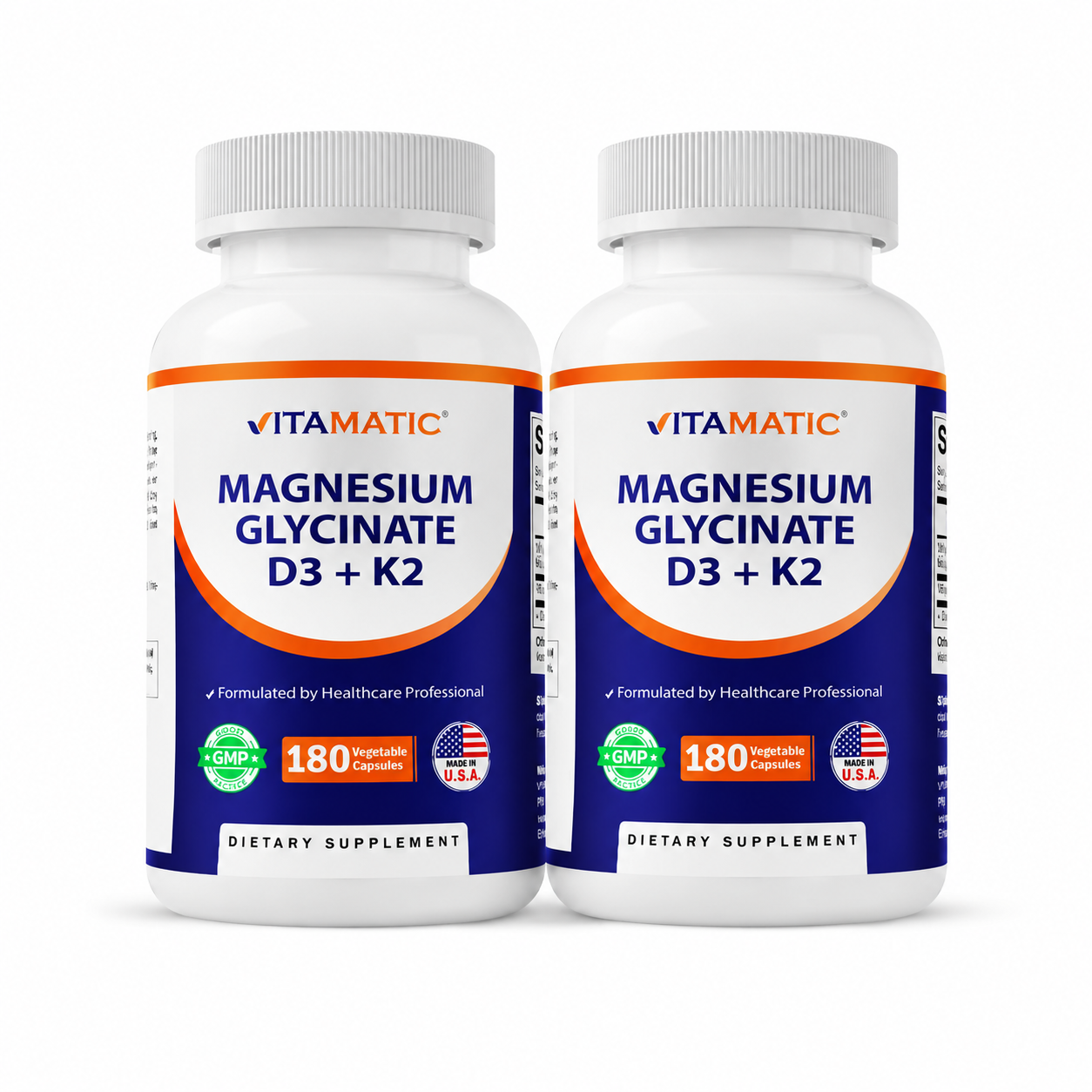 Combo 2 Vitamatic Glicinato de Magnésio Vitamatic 200 mg com Vitamina D3 5000 UI e K2 200 mcg, Suporte Ósseo e Muscular, 180 Cápsulas Vegetais