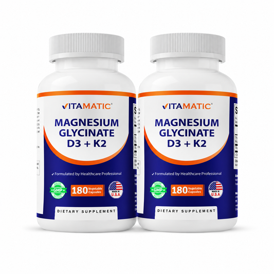 Combo 2 Vitamatic Glicinato de Magnésio Vitamatic 200 mg com Vitamina D3 5000 UI e K2 200 mcg, Suporte Ósseo e Muscular, 180 Cápsulas Vegetais
