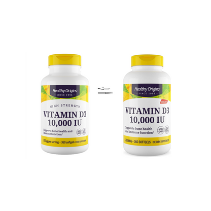 Combo 1 Healthy Origins, Vitamina D3 10000IU 360 Softgels + 1 Healthy Origins Vitamina D3 5000IU 360 Softgels